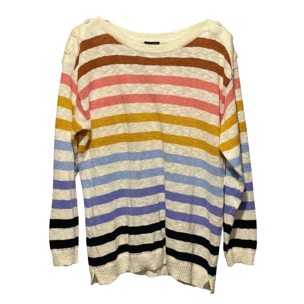 Talbots Striped Boat Neck Button Shoulder Sweater Womens Medium Cream Multicolor
